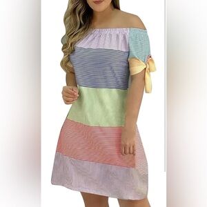 Off Shoulder Striped Multicolor Mini Dress With Tie Sleeves - Size 2XL